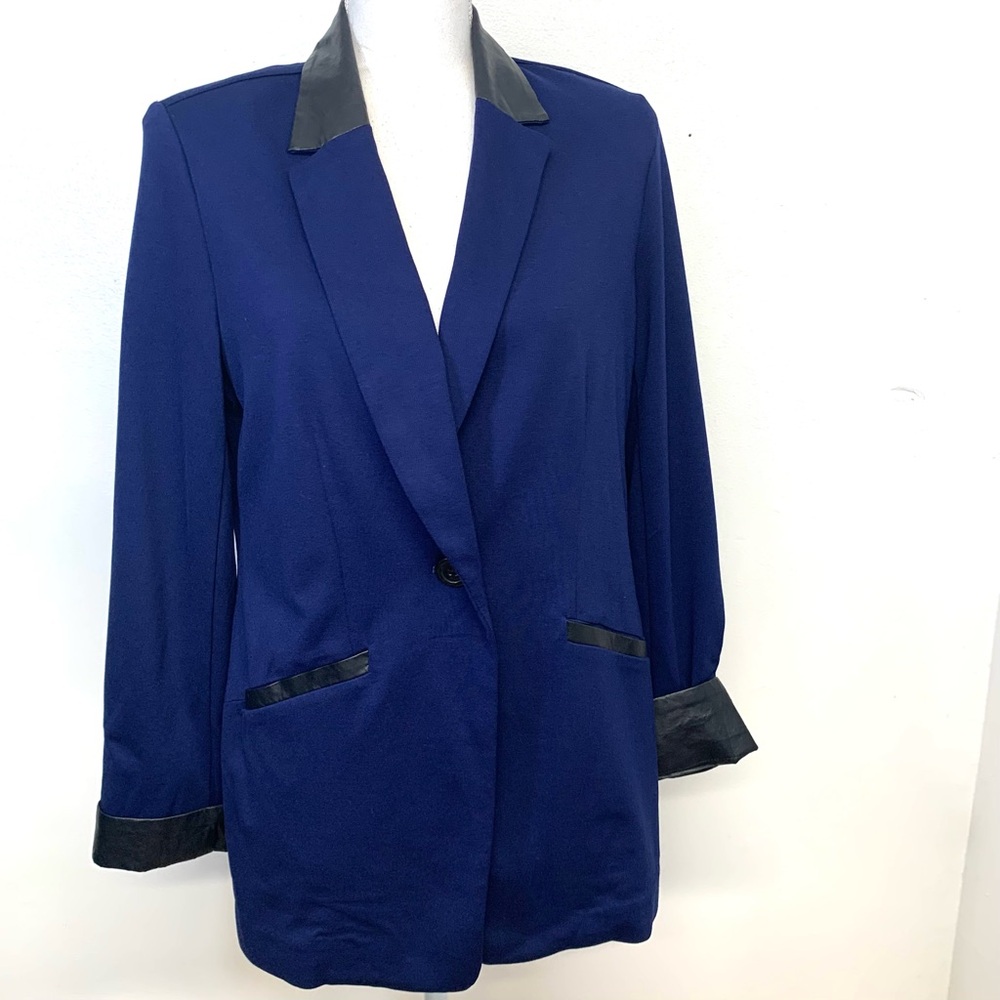 Susan Graver Ponte Blazer Jacket Woman 8 Blue Faux Leather Trim Stretch Career